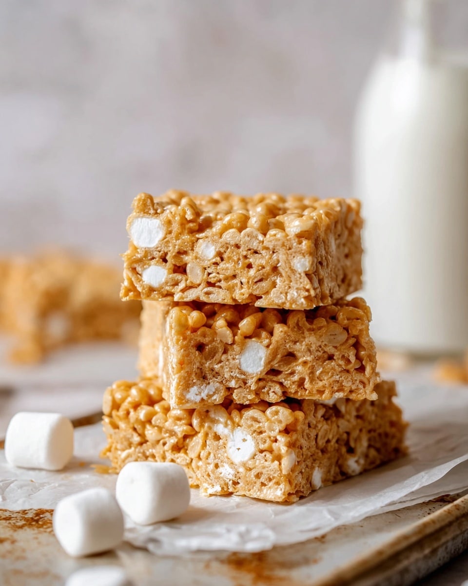 There are eight squares of golden brown rice crispy treats arranged on white parchment paper on a baking tray, with three small white marshmallows scattered on the paper near the top left, and a white scalloped bowl filled with mini white marshmallows at the top right corner; the treats have a sticky texture showing melted marshmallow strands and some visible mini marshmallows inside, with a slightly uneven top layer and a sprinkling of coarse salt crystals. photo taken with an iphone --ar 4:5 --v 7