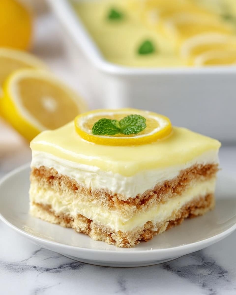 A square slice of layered lemon dessert sits on a white plate over a white marbled surface. The dessert has three visible layers: the bottom and middle layers are textured light brown and creamy, looking like crushed biscuits mixed with cream, while the top layer is smooth and pale yellow, resembling a lemon-flavored custard. On top of the dessert, there is a thin, round slice of lemon and two small green mint leaves for decoration. In the blurred background, a white dish filled with the same dessert and some lemon slices are visible. Photo taken with an iphone --ar 4:5 --v 7