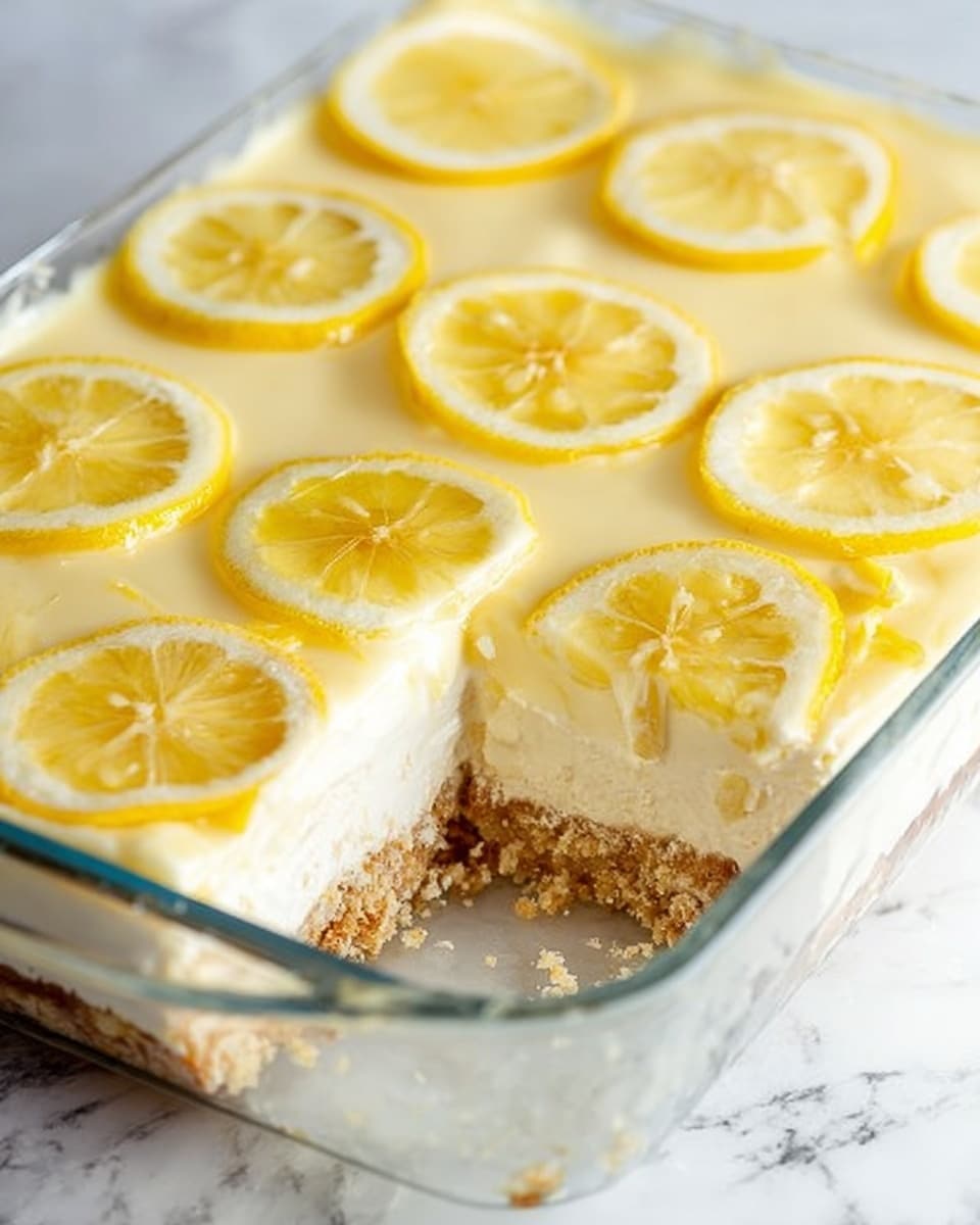 The image shows a clear rectangular glass dish filled with a creamy lemon dessert that has been cut into a square piece on one corner. The dessert has three layers: the bottom layer is crumbly and golden brown, the middle layer is thick and white cream, and the top layer is smooth, pale yellow with thin lemon slices evenly spaced on it. One slice is missing, revealing the inside layers clearly. The dish sits on a white marbled surface. Photo taken with an iphone --ar 4:5 --v 7