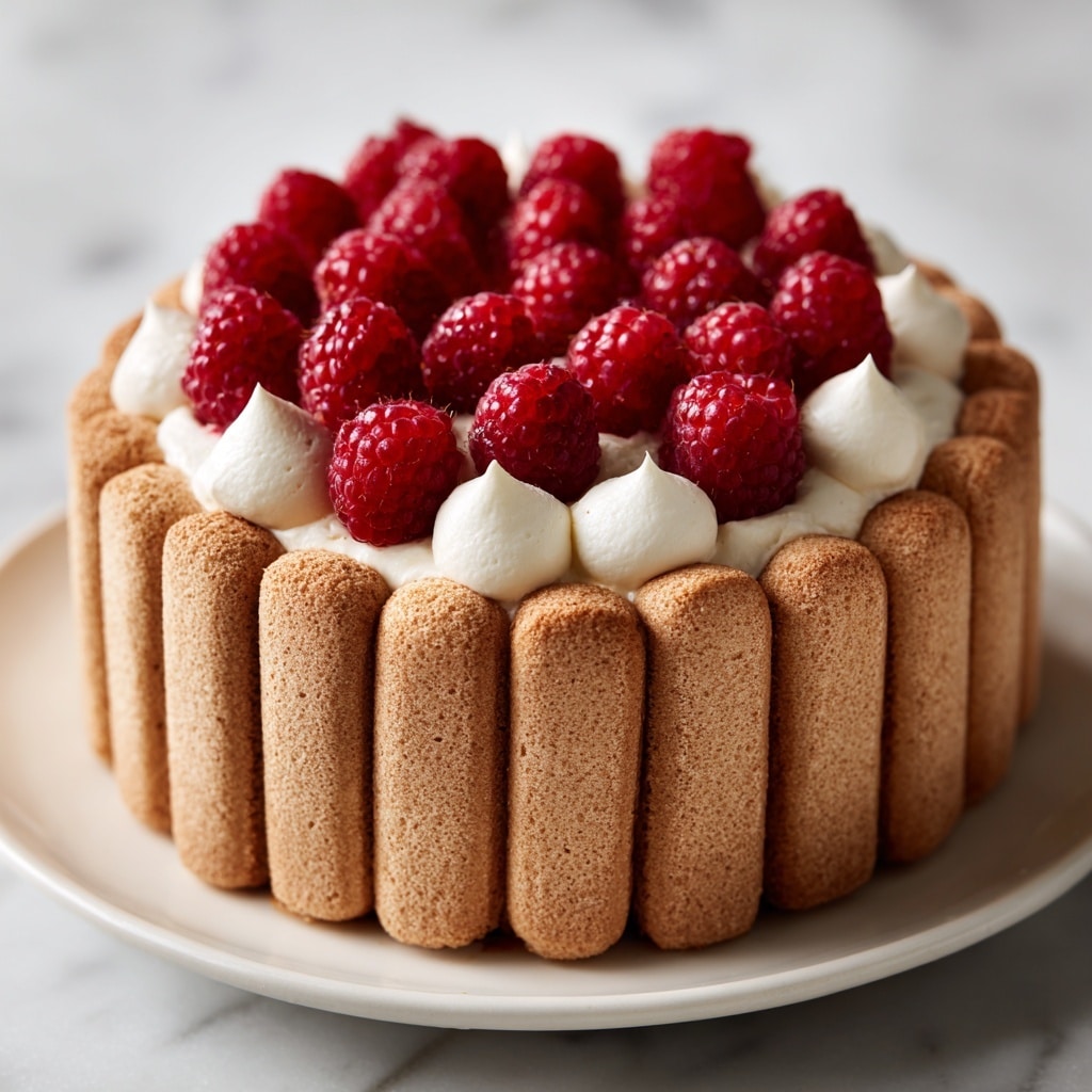 The image shows a round dessert surrounded by vertical ladyfinger biscuits with a light brown color and slightly rough texture, forming the outer wall. Inside, the top layer is covered with evenly spaced whole raspberries that are bright red and plump. Between the raspberries, there are small dollops of white cream, smooth and soft in texture. The dessert is on a white round plate, placed on a white marbled surface. Photo taken with an iphone --ar 4:5 --v 7