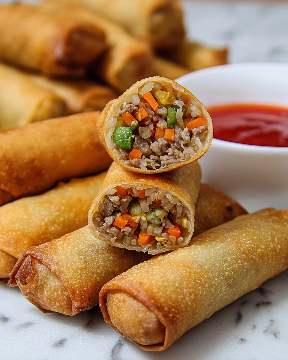 Four golden brown, crispy spring rolls are placed in a row on a piece of brown parchment paper. Each roll shows a slightly textured, fried outer layer with small grill marks and a rolled shape, exposing a little of the darker filling inside at the ends. In the background, slightly blurred, there is a small round white bowl with reddish-orange sauce and some green basil leaves for garnish. The whole scene is set on a white marbled texture. Photo taken with an iphone --ar 4:5 --v 7