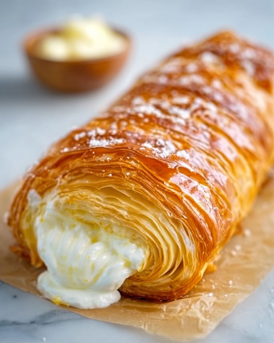 The image shows a long, rectangular pastry with eight clearly visible layers. The top layer is golden brown, shiny, and crispy with slight puffiness and flaky texture. Beneath the top layer, inside the pastry, there is a pale yellow creamy filling that looks smooth and soft. The pastry is placed on a white marbled surface, and the entire scene is lighted in a way that highlights the shiny, flaky crust and creamy filling. photo taken with an iphone --ar 4:5 --v 7