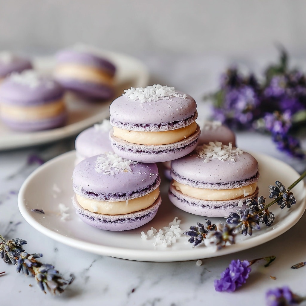 The image shows a pink box filled with eight purple macarons, each set in white paper liners. Each macaron has two smooth, round lavender shells with a creamy white filling in the middle. On top of each macaron, there is one or two delicate edible flowers in shades of blue, yellow, and purple, adding pops of color and a natural touch. The box is placed on a white marbled surface with colorful floral and pearl decorations around it, creating a soft, elegant setting. Photo taken with an iphone --ar 4:5 --v 7