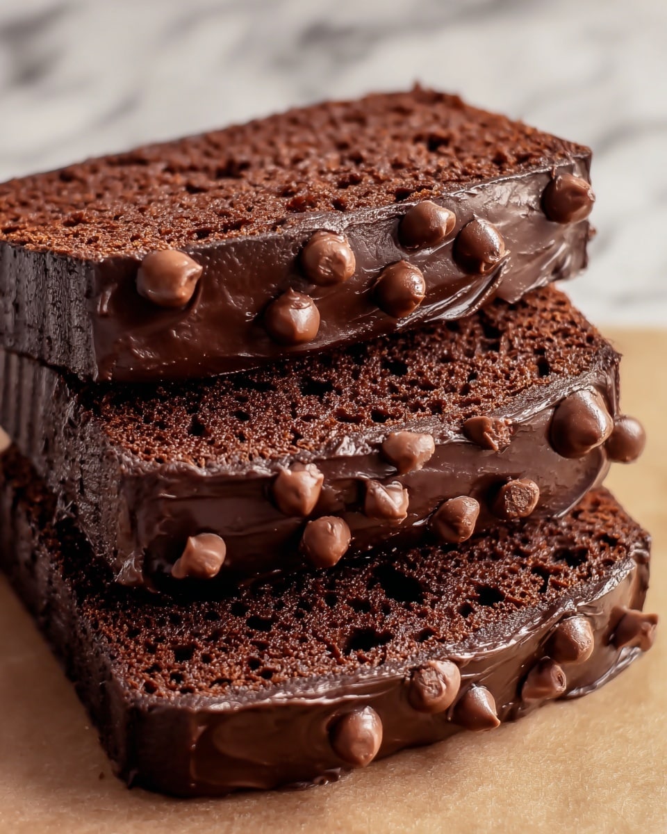 The image shows three thick slices of chocolate cake stacked slightly over each other on a sheet with a light brown color. Each slice has a deep brown, moist texture with tiny holes, indicating softness. The top and sides of each slice are coated with a glossy layer of rich chocolate frosting, which is smooth and shiny. There are small round chocolate chips embedded in the frosting along the edges, adding texture and detail. The background is a white marbled texture that contrasts with the rich colors of the cake. photo taken with an iphone --ar 4:5 --v 7