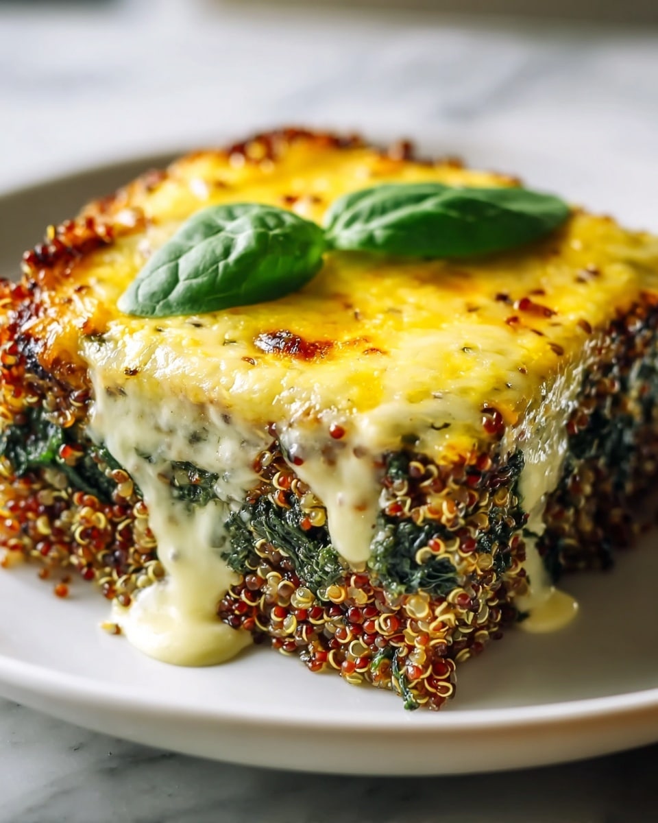 A close-up view of a round dish with two clear layers: the outer layer is made of cooked red and white quinoa mixed with green spinach, showing individual quinoa seeds and leafy texture, and the inner layer is creamy melted yellow cheese that is soft and gooey, oozing slightly down the side. The top of the cheese is sprinkled with black pepper and garnished with a few fresh green leaves. The dish sits on a white plate on a white marbled surface with some cheese sauce spilled around it. photo taken with an iphone --ar 4:5 --v 7