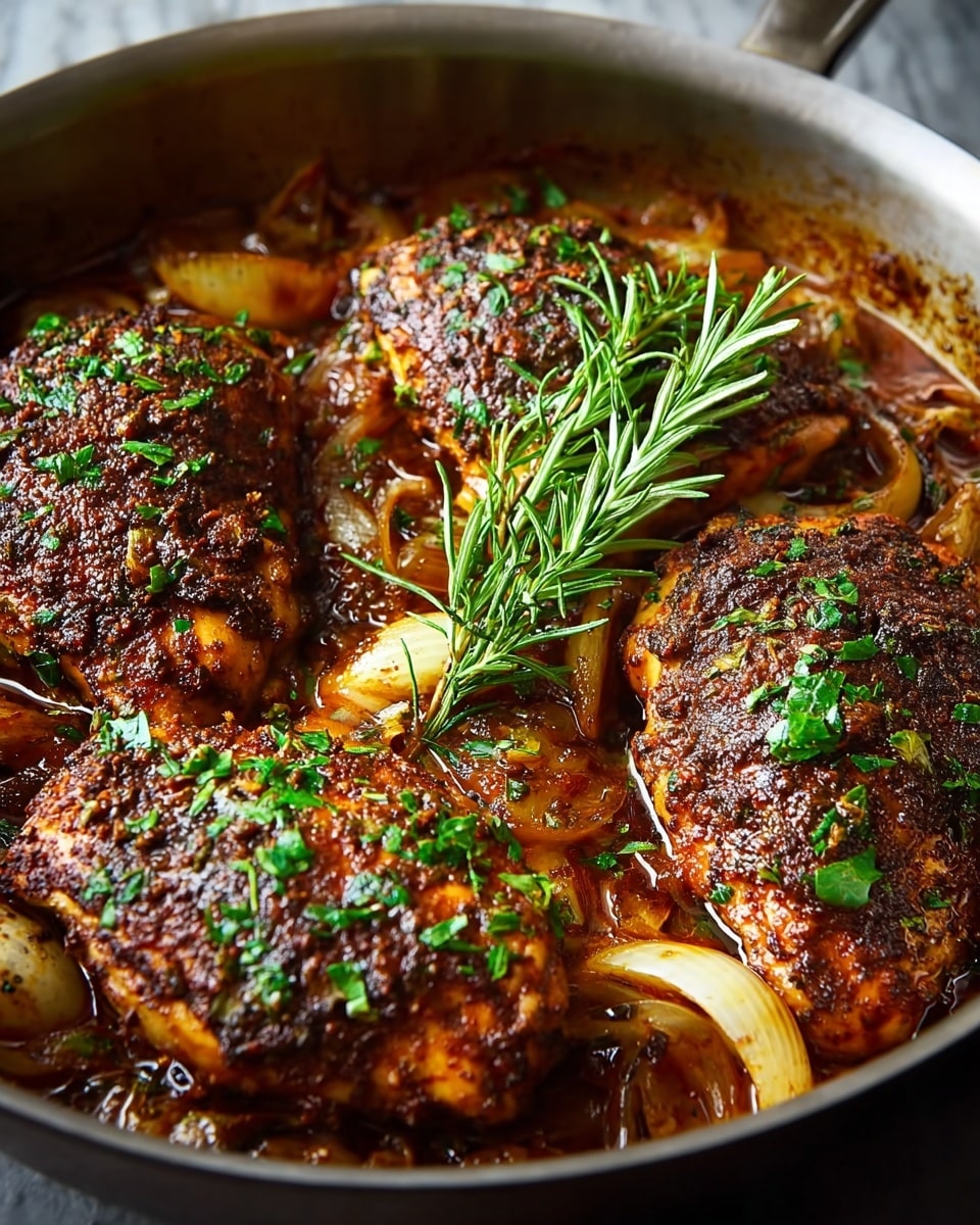 A metal pan holds five pieces of cooked chicken, each coated with a dark brown, crispy spice layer sprinkled with bright green chopped herbs. The chicken rests in a reddish-brown sauce filled with cooked onion quarters that have a soft, golden color. In the center of the pan, a fresh green rosemary sprig stands out, adding a pop of color and texture to the rich, savory dish. photo taken with an iphone --ar 4:5 --v 7