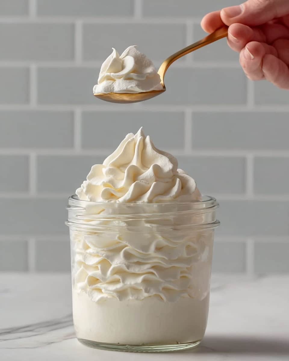 A clear glass bowl filled with creamy, thick white frosting showing smooth and soft swirls. A white spatula is lifting some of the frosting, creating a layered, fluffy texture on the top middle part of the bowl. The bowl sits on a white marbled surface, and the frosting's creamy consistency is well shown with slight peaks and folds. photo taken with an iphone --ar 4:5 --v 7