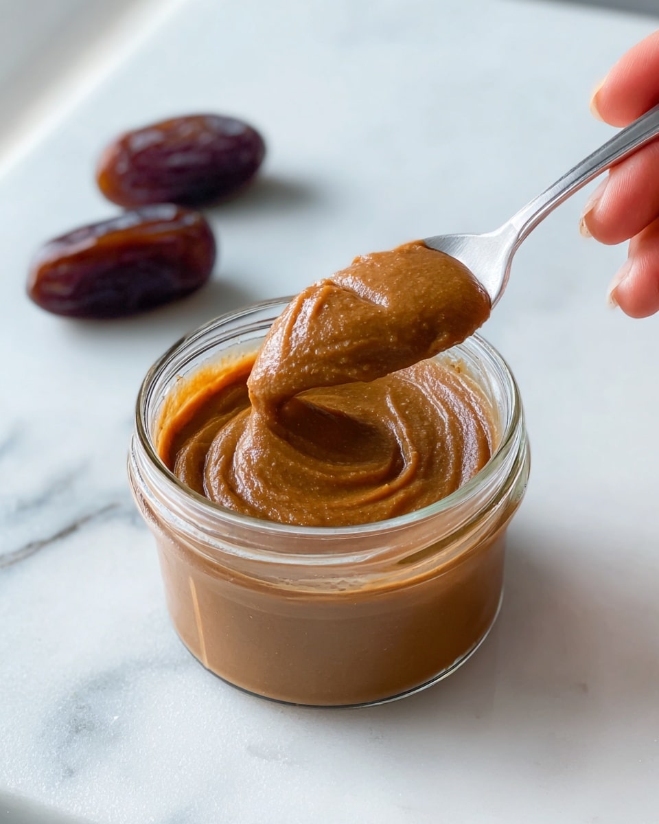 A clear glass jar filled with smooth, thick, brown paste with a slight swirl on top is placed on a white marbled surface. Around the jar, there are several whole dates with a wrinkled and shiny dark brown skin scattered casually. The lighting highlights the creamy texture of the paste inside the jar, showing its rich consistency. Photo taken with an iphone --ar 4:5 --v 7