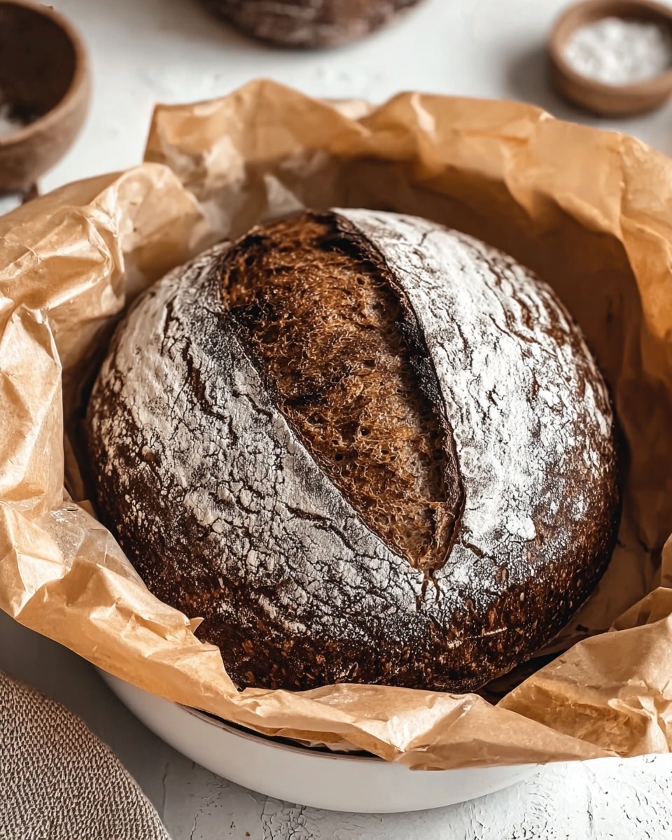 A round loaf of dark brown bread with a thick, cracked crust sits wrapped loosely in light brown paper inside a round basket. The bread's crust shows deep dark brown and blackened areas with a dusting of white flour, creating a rough, rustic texture. The basket rests on a white marbled surface with a soft cloth nearby. photo taken with an iphone --ar 4:5 --v 7