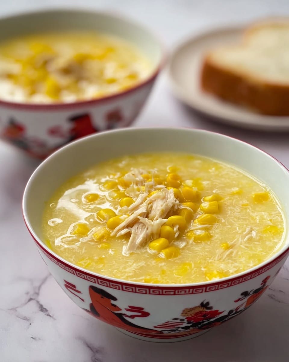 The image shows two white bowls filled with a creamy yellow corn soup, with visible small pieces of yellow corn and shredded white chicken floating on the surface, creating a textured top layer. The bowls are decorated with red and black traditional Asian designs and sit on a white marbled surface. In the background, there is a slice of bread on a white plate, slightly blurred, adding depth to the scene. The overall look is warm and comforting, with soft lighting enhancing the smooth and slightly chunky texture of the soup. photo taken with an iphone --ar 4:5 --v 7