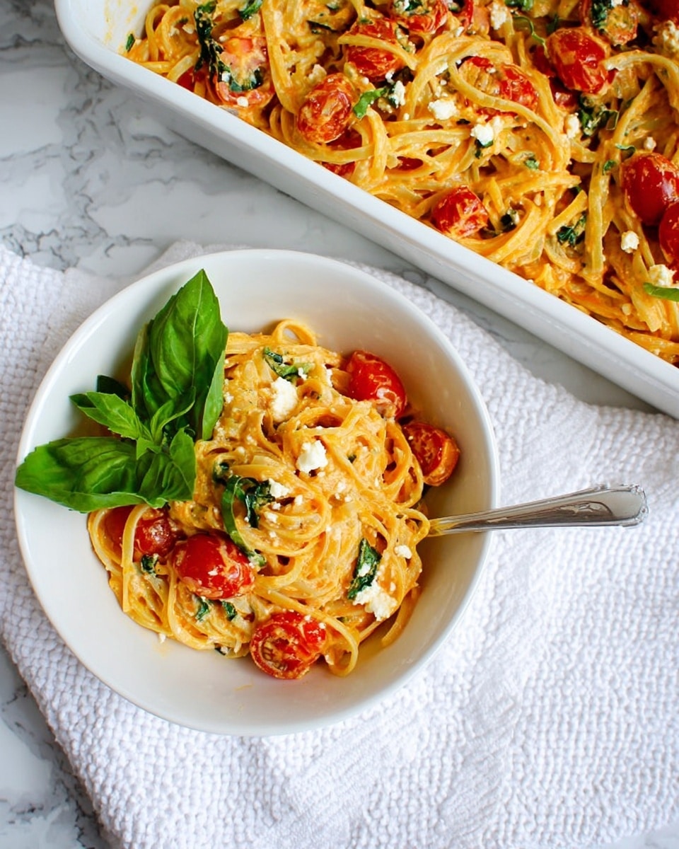 The image shows a white bowl filled with a serving of pasta layered with creamy light orange sauce, mixed with bright red cherry tomatoes, green basil leaves, and crumbled white cheese. On top, a small bunch of fresh green basil leaves adds a pop of color. The bowl is placed on a white marbled surface next to a white rectangular baking dish that holds more of the same pasta with scattered cherry tomatoes and basil, showing a textured mix of soft noodles and chunky ingredients. A white textured cloth is partially visible near the bowl. Photo taken with an iphone --ar 4:5 --v 7