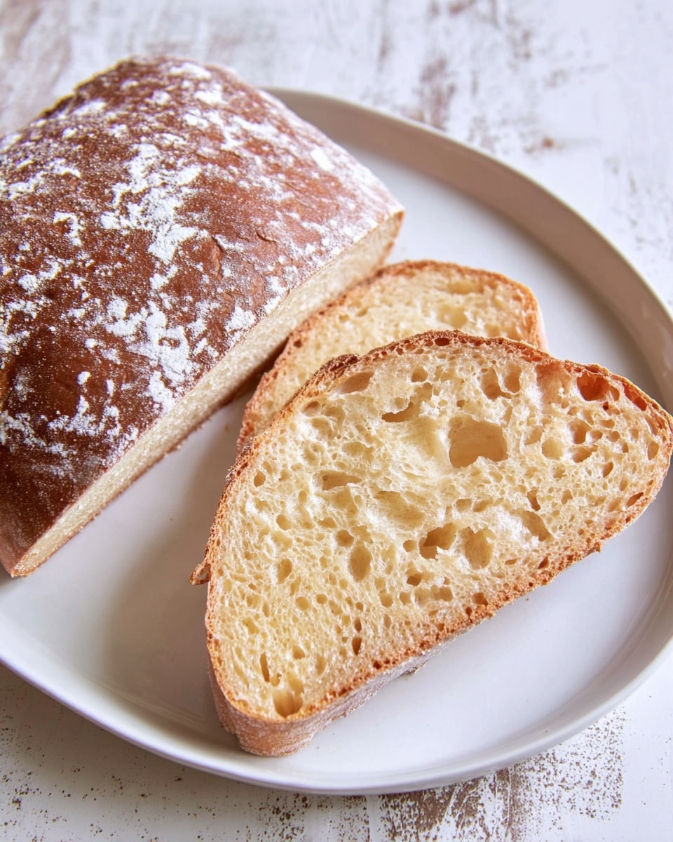 A white plate holds a loaf of bread with a light brown crust dusted with white flour. Two thick slices are cut and placed slightly overlapping on the plate, showing a soft, airy, pale yellow crumb with many small holes inside. The bread crust is firm and slightly darker around the edges of the slices. The plate sits on a white marbled textured surface with subtle grey veining. photo taken with an iphone --ar 4:5 --v 7
