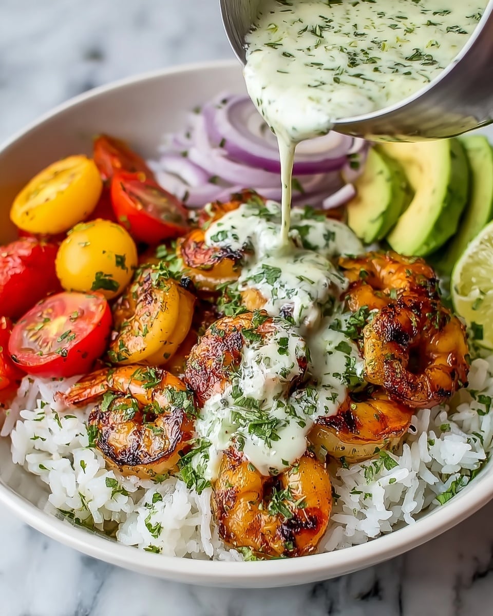 A white bowl filled with a base layer of white rice, topped with bright orange grilled shrimp scattered over it. On one side, there are sliced red cherry tomatoes sprinkled with green herbs, and on another side, neat slices of green avocado with herbs on top. A wedge of light green lime rests near the shrimp. A thick creamy green sauce with herbs is being poured over the shrimp and tomatoes from above, covering parts of the dish. The background shows a white marbled texture. Photo taken with an iphone --ar 4:5 --v 7