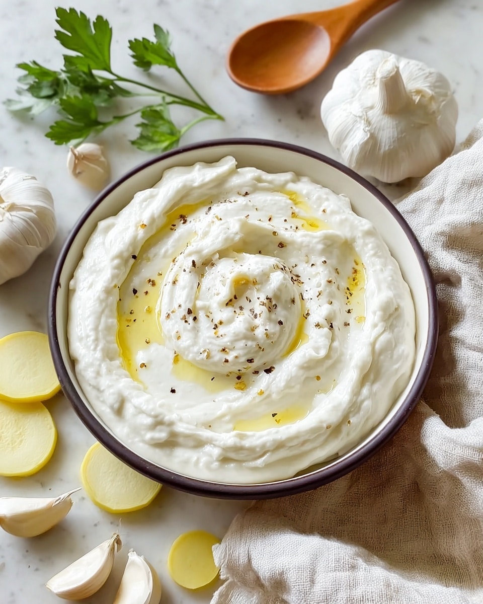 A dark bowl filled with a creamy white dip that has a thick, smooth texture with visible swirls on top, drizzled with a small amount of golden olive oil and sprinkled with coarse black pepper. The bowl is placed on a white marbled surface with light folds of a cream cloth beneath. Around the bowl, there are whole garlic bulbs, garlic cloves, a few slices of yellow squash, and a sprig of green parsley, adding natural earthy colors to the scene. A small wooden spoon lies in the bottom right corner. Photo taken with an iphone --ar 4:5 --v 7
