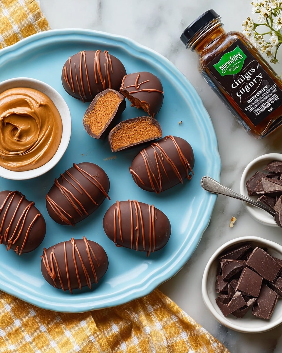 A round white plate on a white marbled texture holds eight smooth dark chocolate coated peanut butter egg-shaped treats, each drizzled with thin lines of a slightly lighter chocolate. One piece is cut in half, revealing a dense, light brown peanut butter filling inside. On the left side of the plate, a small white bowl contains a creamy, light brown peanut butter dip with a swirl on top. To the right of the plate on the white marbled texture, there is a bottle of dark vanilla extract with a green lid and a jar of cinnamon powder with a green lid, along with pieces of dark chocolate in a white bowl nearby. photo taken with an iphone --ar 4:5 --v 7