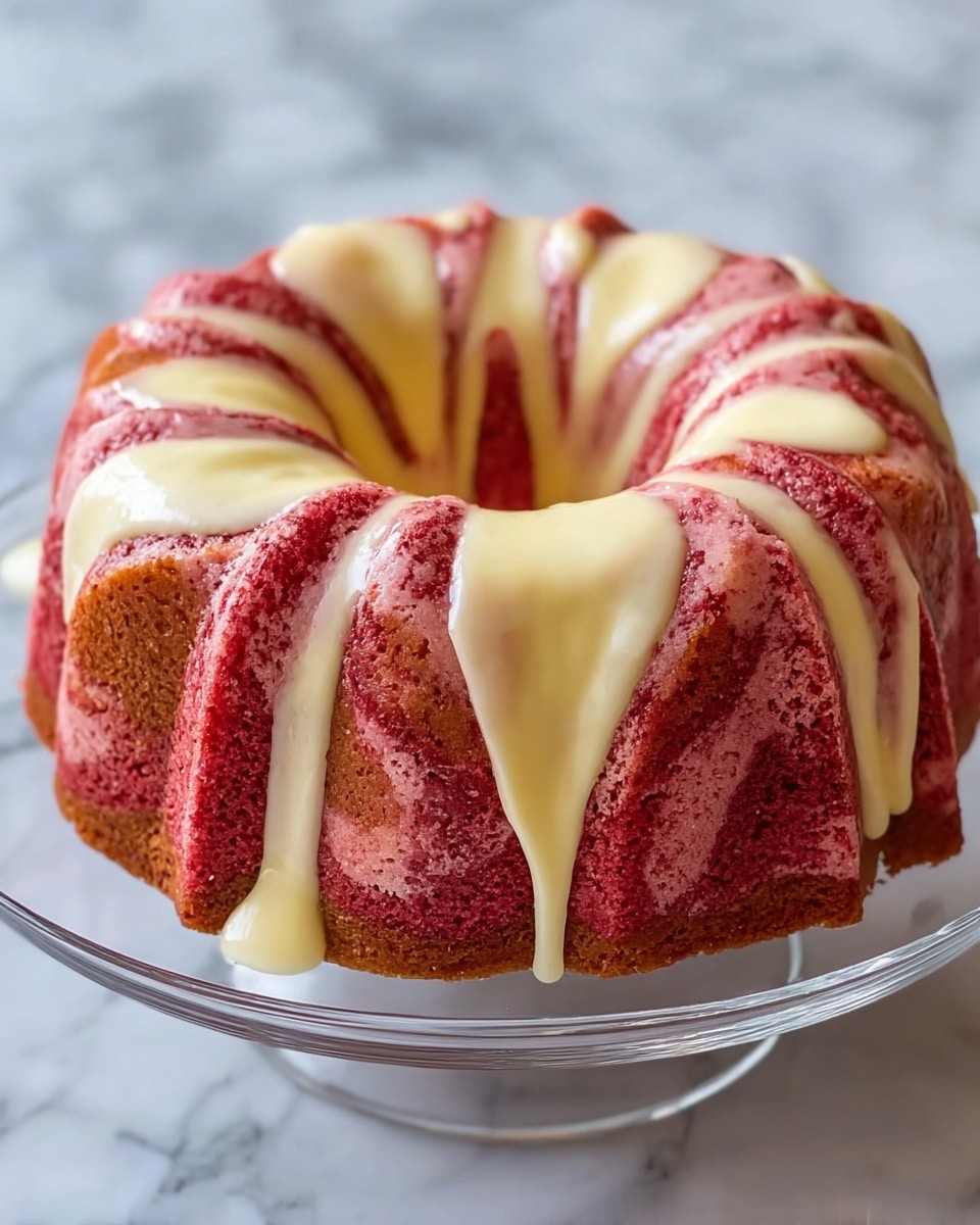 A round bundt cake with two main layers swirled together: a pinkish-red cake base and creamy off-white frosting mixed in a marbled pattern. The cake has a soft, slightly spongy texture and stands on a clear glass plate, sitting on a white marbled surface. The frosting is smoothly spread over the top and drips slightly down the sides, blending with the red cake layers and creating a striped, wavy effect. Photo taken with an iphone --ar 4:5 --v 7