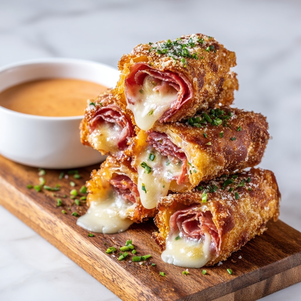 A close-up view of several rolled pieces of thinly sliced pink ham layered inside with melted creamy white cheese and golden cooked onions. The outside layer is covered in crispy, browned melted cheese with browned edges, and small green herb sprinkles are scattered on top. The rolls are placed on white parchment paper on a white marbled surface, with a small white ramekin of sauce blurred in the background. Photo taken with an iphone --ar 4:5 --v 7