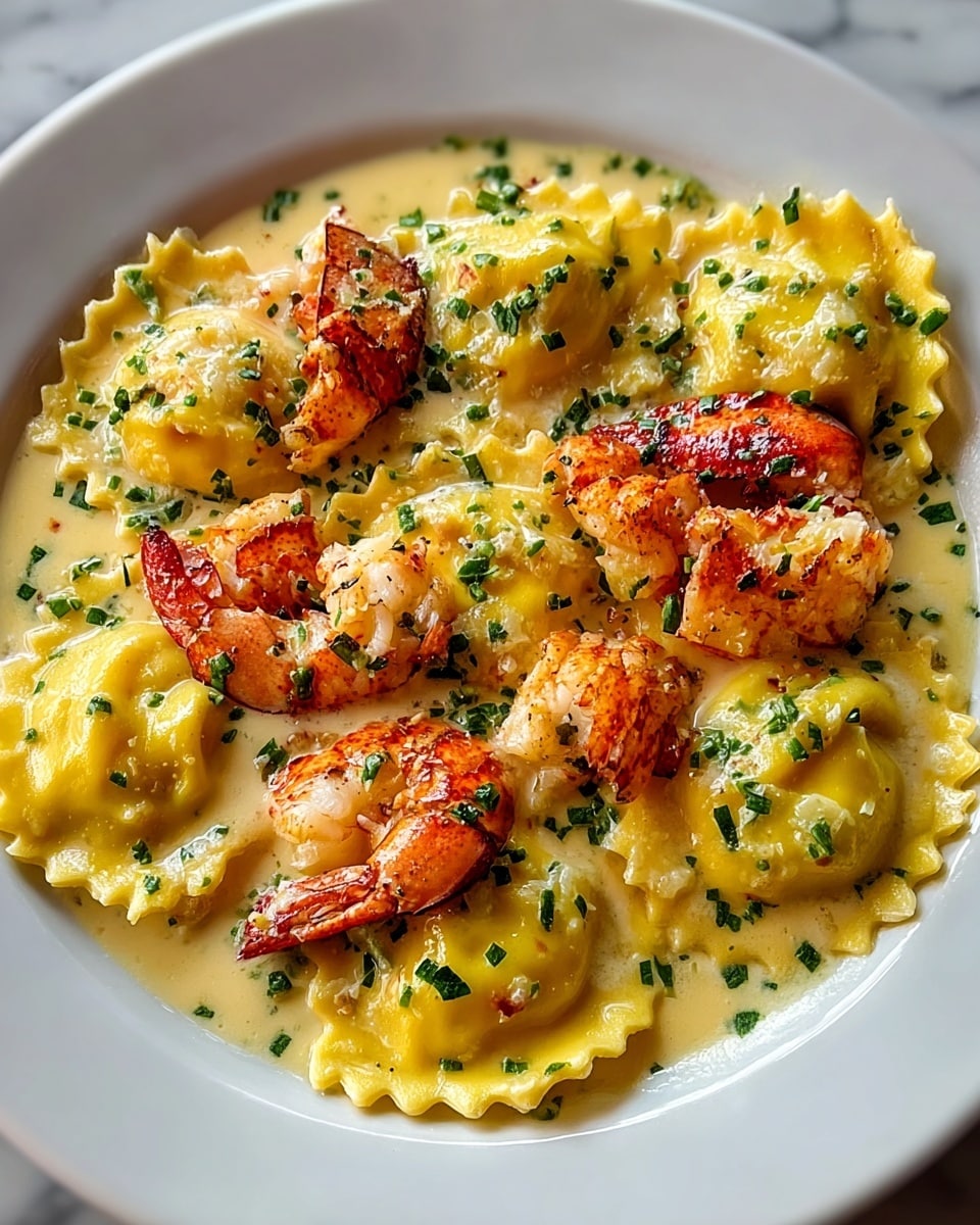 A white plate holds six large yellow ravioli pieces with ruffled edges, arranged in a loose circle. On top of and among the ravioli are several pieces of cooked lobster meat, orange-red with char marks, adding texture and depth. The dish is covered with a creamy, pale yellow sauce that pools around the pasta. Small green herb bits are sprinkled all over, adding pops of color and freshness. The whole setup rests on a white marbled surface. photo taken with an iphone --ar 4:5 --v 7