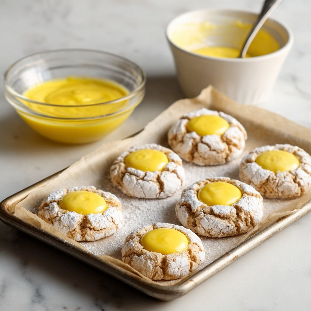 The image shows round cookies with a cracked white powdered sugar outer layer forming the first, rough-textured layer. Inside this ring, the center is filled with a smooth, shiny, bright yellow layer of lemon curd, creating a soft, glossy contrast to the powdered sugar. The cookies rest on a white marbled surface, scattered lightly with powdered sugar crumbs. The focus is on the closest cookie, with others blurred softly in the background, emphasizing the texture details of the front cookie. photo taken with an iphone --ar 4:5 --v 7