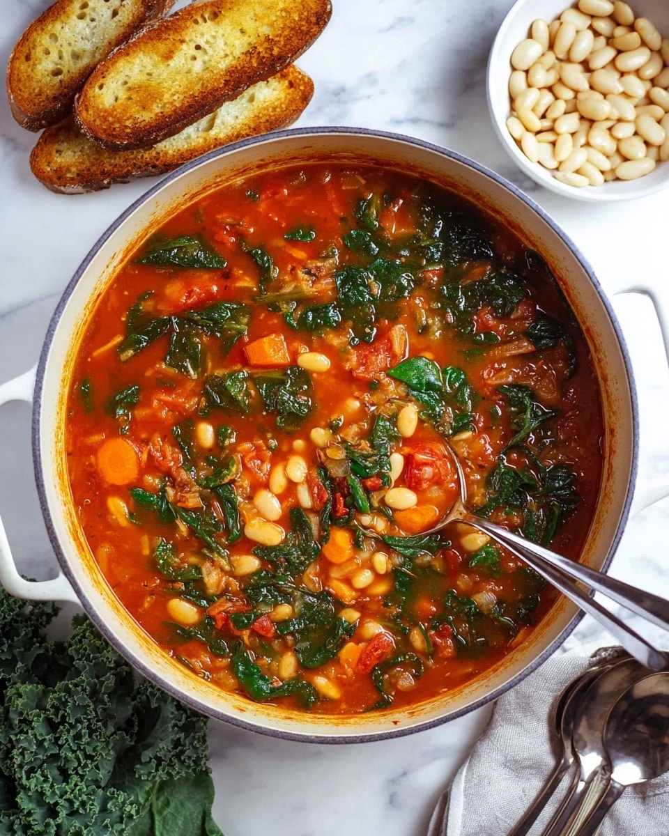 The image shows a bowl of thick soup in a white bowl with a detailed edge, placed on a white plate with a matching edge. The soup has three main layers: the top layer is bright red-orange broth with visible pieces of dark green leafy vegetables, white beans, and small diced orange vegetables scattered throughout. The broth looks rich and slightly oily with some herbs and spices visible, giving texture and color contrast. A piece of toasted bread with golden brown marks leans on the side of the bowl, and to the left, more white beans can be seen in a small bowl. The whole setting rests on a white marbled surface with a fresh green leafy vegetable partially visible at the top right. Photo taken with an iphone --ar 4:5 --v 7