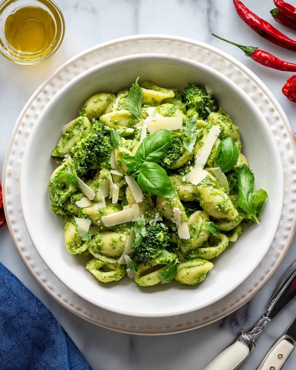 The image shows a white bowl filled with shell pasta coated in a thick, bright green pesto sauce. Mixed in are small broccoli florets, and the pasta is topped with fresh, dark green basil leaves and thin, light yellow cheese shavings. The bowl sits on a white plate, both placed on a white marbled surface. The edges of the plate and bowl have a slight scalloped design, and nearby are hints of a blue cloth and some red chili peppers. To the side, a metal fork and knife with white handles rest on the surface along with a small glass cup containing light golden oil. Photo taken with an iphone --ar 4:5 --v 7