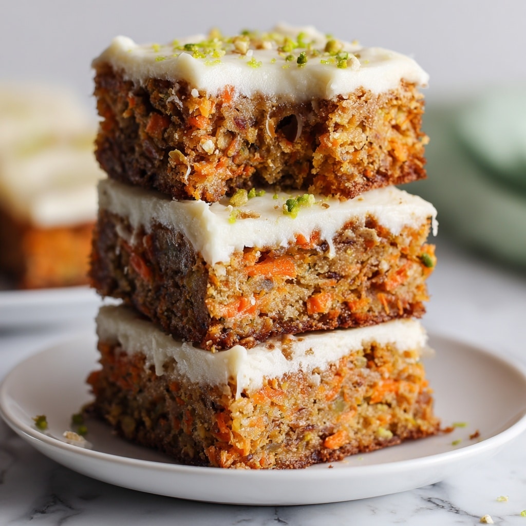 A single square piece of moist carrot cake is placed on a white plate with black decorative patterns around the edge. The cake has two visible layers: the bottom layer is the dense, textured carrot cake showing bits of shredded carrot and nuts in light brown and orange shades, while the top layer is a thick spread of smooth, creamy white frosting. On top of the frosting, there are bright green sprinkles scattered around a small, detailed decoration resembling a carrot made of orange and white icing. The plate sits on a woven mat over a white marbled surface, with a silver fork and a small carrot decoration placed in front. Photo taken with an iphone --ar 4:5 --v 7