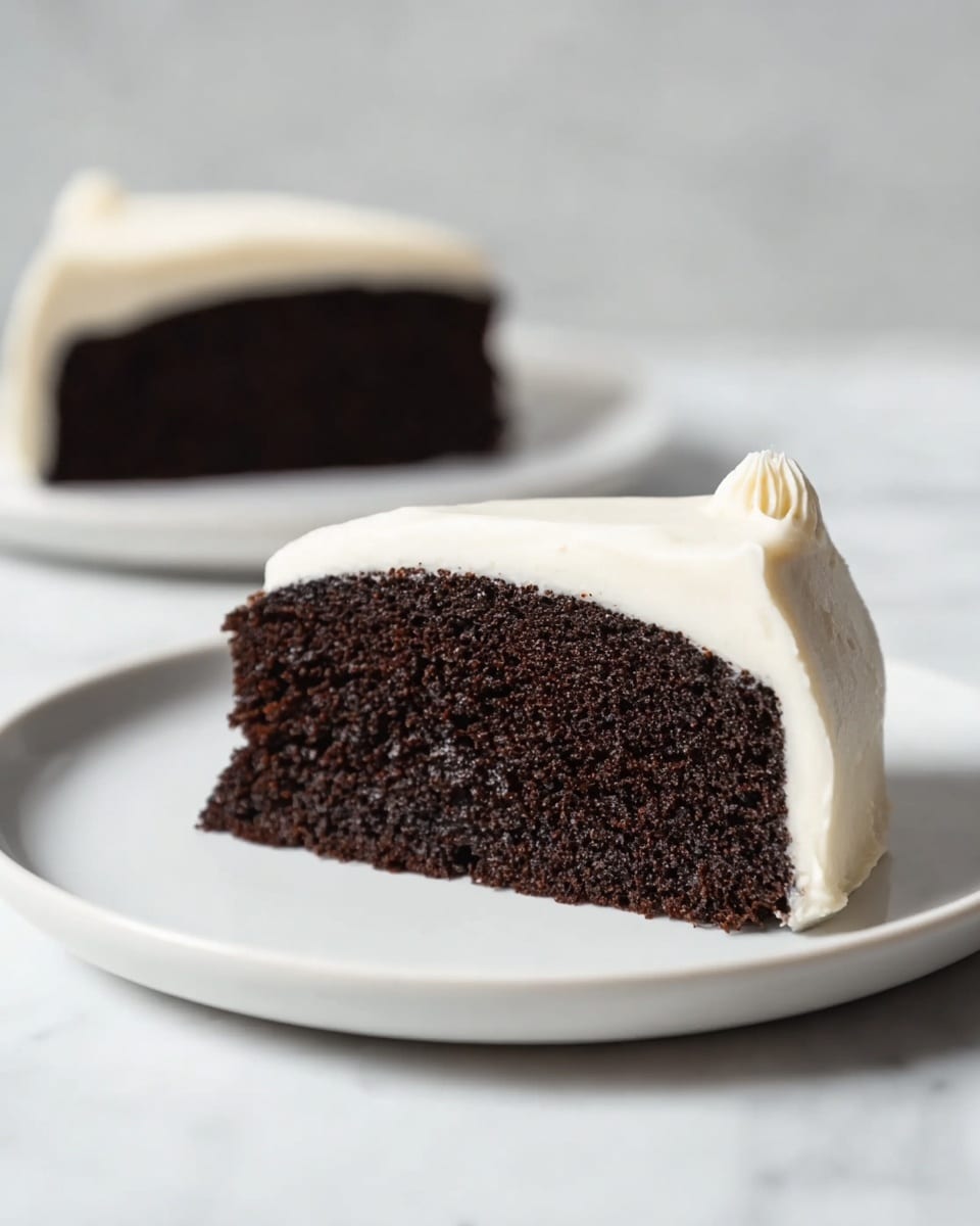 A single slice of dark chocolate cake sits in the center of a smooth white plate, showing two layers: a thick, moist chocolate base with a slightly crumbly texture and a thick, creamy layer of white frosting on top. The frosting has a smooth surface with gentle swirls that add a soft texture contrast. The plate rests on a white marbled surface, and a second slice of the same cake is blurred in the background on another white plate. The lighting emphasizes the rich color of the cake and the bright white frosting, creating a clean and simple look. photo taken with an iphone --ar 4:5 --v 7