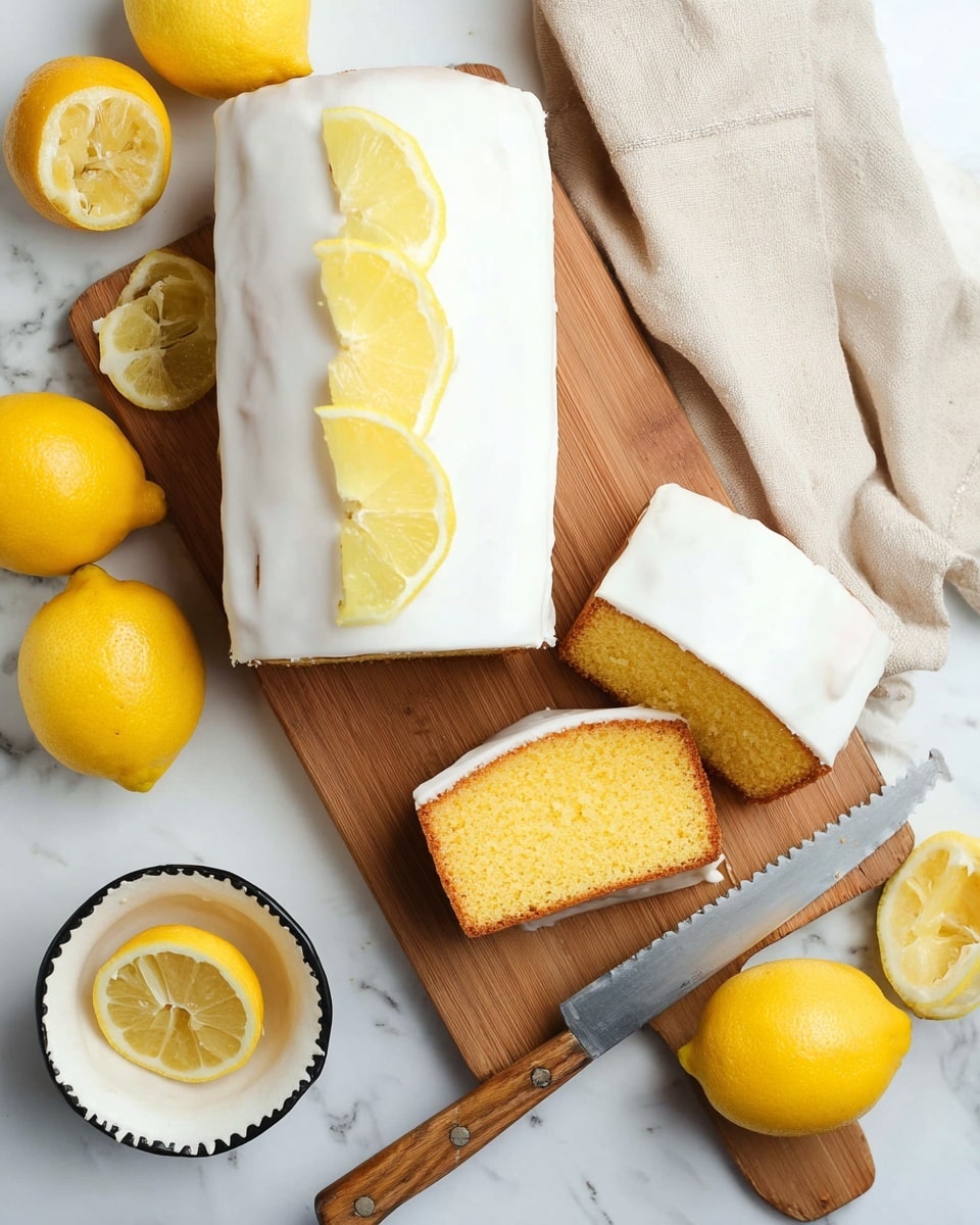 The image shows two rectangular lemon cakes covered in smooth white frosting placed on a wooden board over a white marbled surface. One cake remains whole with three yellow jelly lemon slice candies on top arranged in a line, while the other cake is sliced, revealing two thick layers of moist yellow cake inside, separated by a thin layer of white frosting. Around the cakes, there are several whole bright yellow lemons and one lemon cut in half. In the lower-left corner, a white bowl with a black rim holds lemon halves, a serrated knife with a wooden handle rests across the bowl. A light beige cloth partially covers the top right corner of the board. photo taken with an iphone --ar 4:5 --v 7