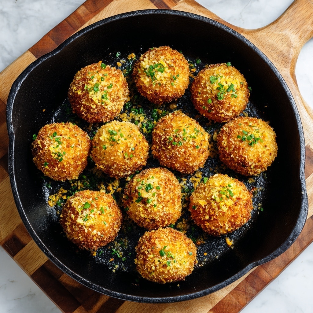 The image shows ten golden-brown crispy fried balls arranged closely in a single layer inside a round black cast iron skillet. Each ball has a rough, crunchy texture with small bits of green herbs and yellow garlic sprinkled on top. The skillet sits on a wooden cutting board with a checkered pattern. A white marbled texture is visible around the edges of the image. Photo taken with an iphone --ar 4:5 --v 7