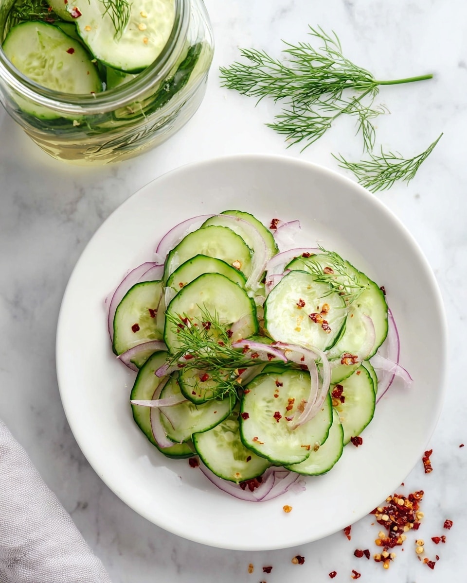A white plate holds a simple salad with two main layers: the bottom layer is made of thin, light purple onion slices that are slightly curved, and the top layer consists of several round cucumber slices with dark green edges and pale green centers showing seeds inside. The salad is sprinkled with small light brown seeds and red chili flakes, and garnished with a few fresh green dill sprigs placed on top and between the cucumber slices. The plate sits on a white marbled surface. Photo taken with an iphone --ar 4:5 --v 7