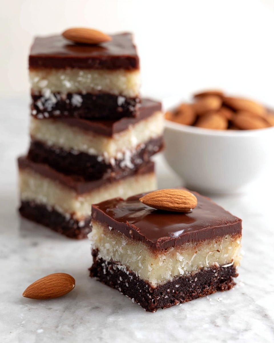 The dessert consists of three square layers: a dark brown, dense brownie base, a middle creamy light beige layer with a slightly rough texture, and a smooth, rich dark chocolate top layer. Each square piece is topped with a single almond placed in the center. There is one square in the foreground with three pieces stacked behind it. A white bowl filled with whole almonds sits in the background. All items are placed on a white marbled surface. photo taken with an iphone --ar 4:5 --v 7