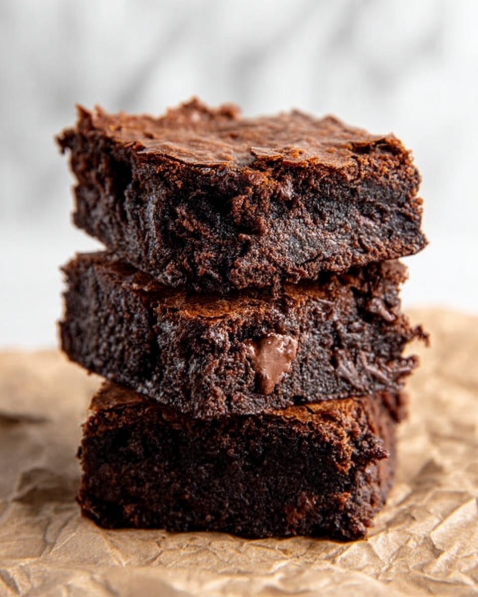 A close-up image shows four big square brownies with a cracked and shiny top layer that is dark brown and slightly crispy. Each brownie has a thick, dense interior that is rich and fudgy, visible through the cracks on the top. The brownies are placed tightly next to each other, filling the frame with their textured surface. The background is a white marbled texture, making the dark brown colors of the brownies stand out. Photo taken with an iphone --ar 4:5 --v 7