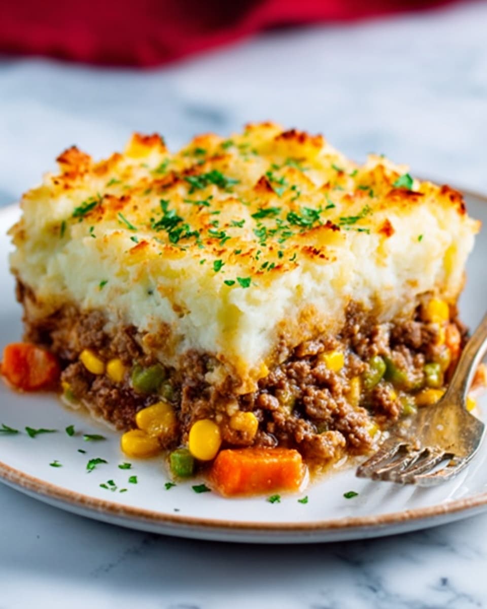 A white rectangular baking dish is filled with a shepherd’s pie. The top layer is golden-yellow mashed potatoes with visible ridges made by a fork, slightly crispy and browned at the edges. Underneath, a thick red-brown meat and vegetable filling is partially visible where a piece has been scooped out. The dish is resting on a light brown wooden board with a white cloth nearby, and a silver spoon lies next to the dish. The background has a white marbled texture. Photo taken with an iphone --ar 4:5 --v 7
