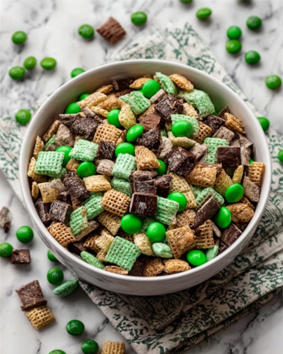 A white bowl filled with a layered snack mix sits on a white marbled surface. The mix has three main layers: green candy-coated chocolates scattered evenly, small light brown square cereal pieces with ridged texture, and irregularly shaped dark brown chocolate chunks mixed throughout. The overall look is colorful with green, light brown, and dark brown bits blending together. The bowl is simple and round, placed on a patterned cloth with some green candies spilled around. photo taken with an iphone --ar 4:5 --v 7