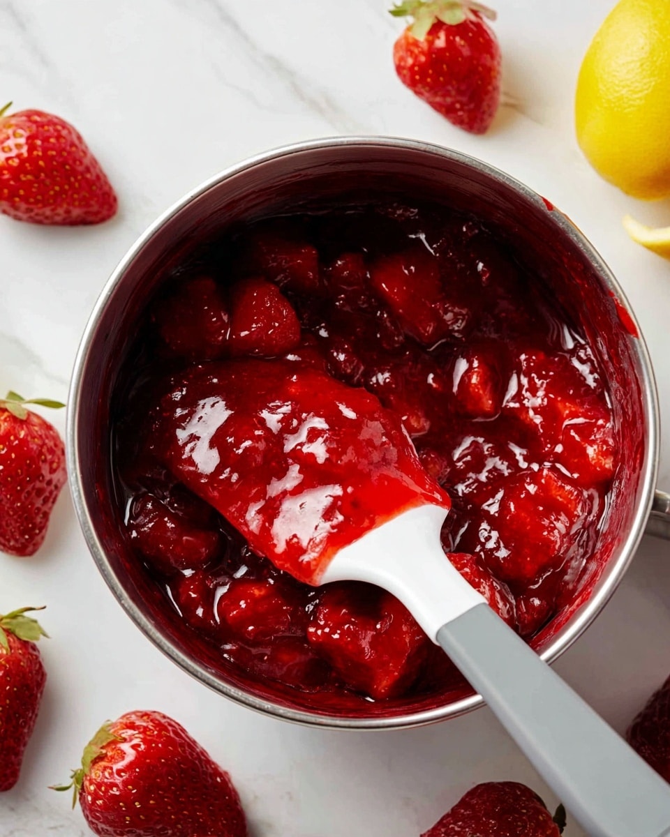 A close-up view of a glass jar filled with thick, rich strawberry jam showing a deep red color with a glossy texture and small chunks of strawberry pieces visible inside. The jar is set on a white marbled surface, with two fresh strawberries, one whole and one cut in half, placed nearby adding a fresh, natural touch. The jam layer fills the jar to the top, showing slight ripples and uneven surface texture, emphasizing its homemade nature. photo taken with an iphone --ar 4:5 --v 7