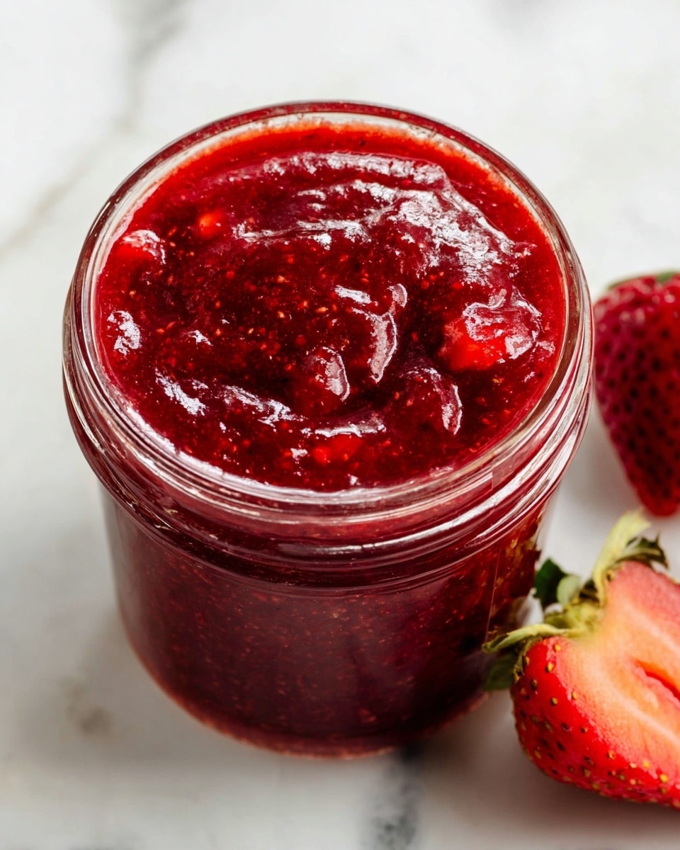A close-up view of a steel mixing bowl filled with bright red strawberry jam, showing whole and crushed strawberry pieces coated in a glossy, thick syrup. A white spatula with a gray silicone head is partially immersed in the jam, coated with the sticky mixture. Surrounding the bowl are fresh strawberries and a halved lemon, all placed on a white marbled surface. The image captures the rich texture and shine of the jam. photo taken with an iphone --ar 4:5 --v 7