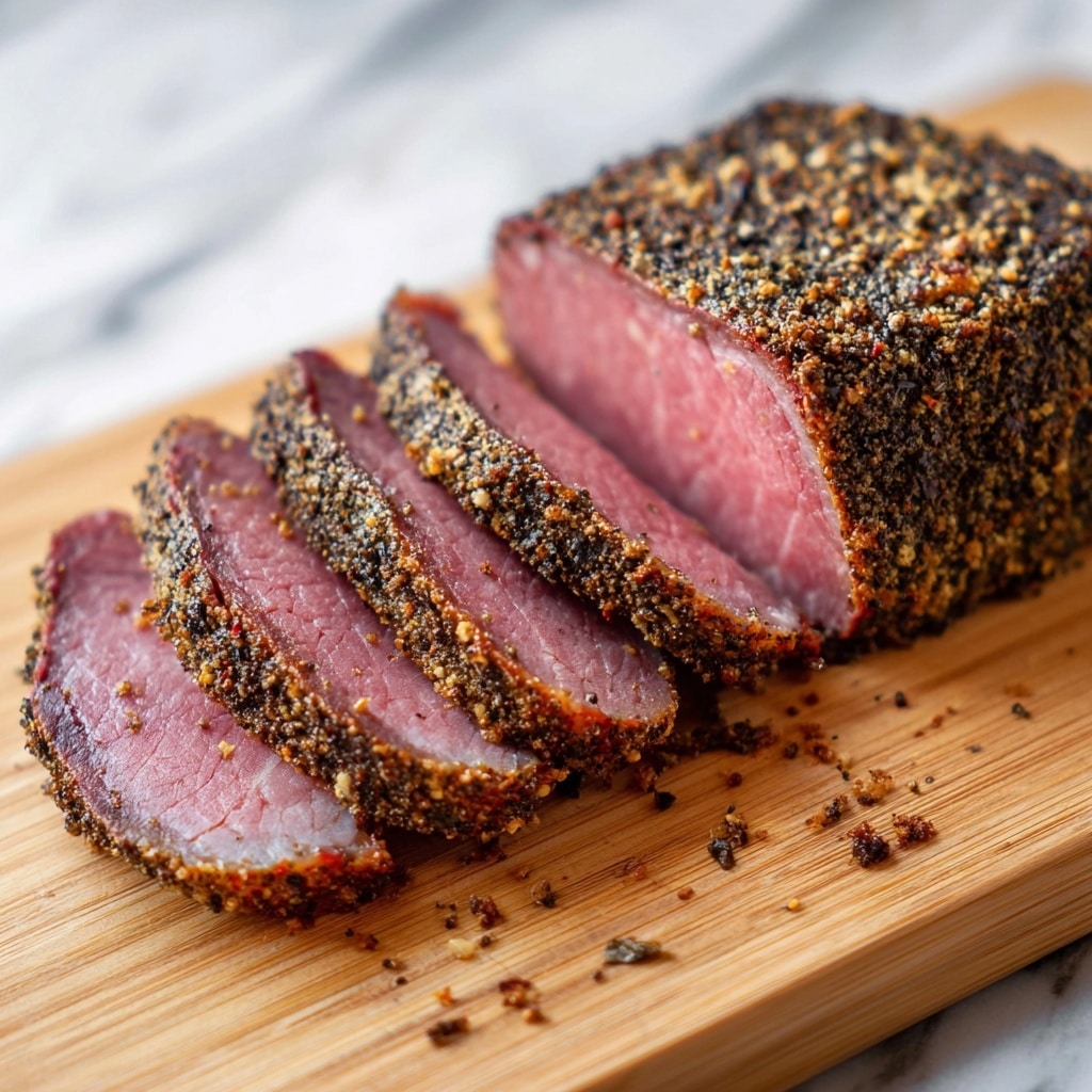 The image shows a large piece of cooked corned beef resting on a wooden cutting board with six thick slices cut from the meat, revealing a deep pink interior and a darker seasoned crust on the outer edge. The meat has a moist, tender texture with visible marbling and some small pieces of meat falling away at the edges. The cutting board sits on a white marbled texture surface. Photo taken with an iphone --ar 4:5 --v 7