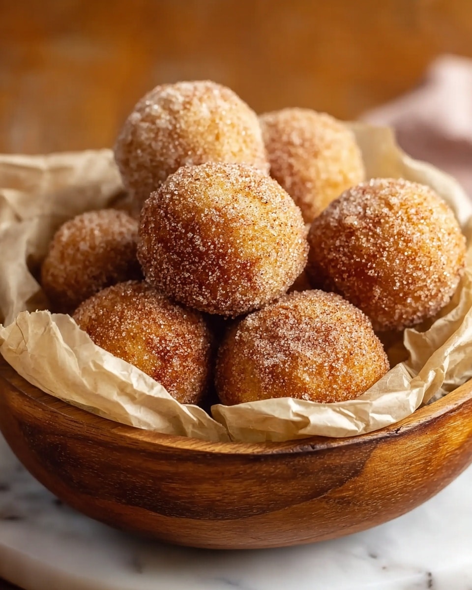 A wooden bowl lined with crumpled light beige parchment paper holds a pile of round donut holes, about eight in total. Each donut hole is coated evenly in a granulated cinnamon sugar, giving them a textured, slightly sparkling surface with a warm golden-brown color beneath. The donut holes are stacked closely together, filling the bowl. The background shows a warm wooden surface with a white marbled texture under the bowl that is softly blurred, focusing attention on the sweet treats. photo taken with an iphone --ar 4:5 --v 7