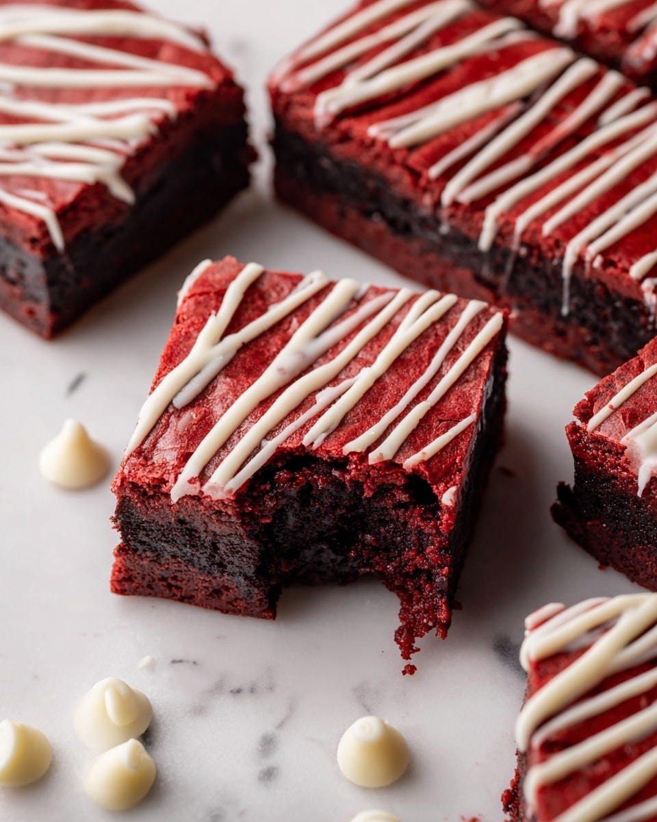 This image shows a square red velvet brownie slab cut into 16 equal pieces. The brownie has a deep red, slightly cracked surface with glossy texture and is decorated with thin white chocolate drizzle lines crossing over the top and a few white chocolate blobs. The slab is placed on white parchment paper over a white marbled surface. To the right are two metal forks and a small white bowl filled with white chocolate chips, with a few chips scattered around. At the bottom left, there is a partial view of a white bowl. photo taken with an iphone --ar 4:5 --v 7