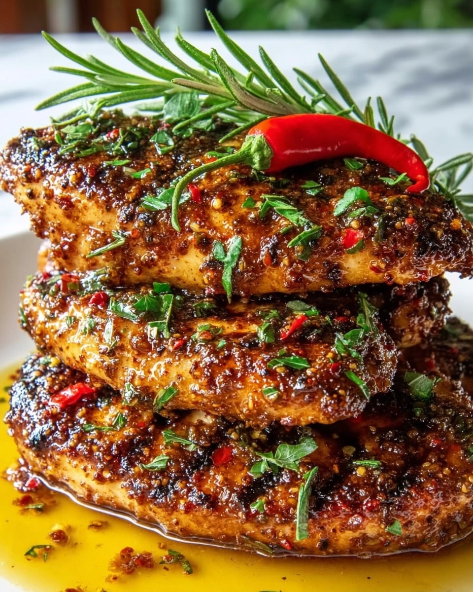The image shows three grilled chicken breasts stacked on top of each other on a white plate. The chicken is golden brown with a crispy texture and covered in a mix of finely chopped green herbs and spices. A sprig of fresh rosemary rests on top of the stack, adding a touch of green. There are halved yellow lemon slices peeking out behind the chicken, and bright red small peppers on the side. The plate is placed on a white marbled surface. photo taken with an iphone --ar 4:5 --v 7