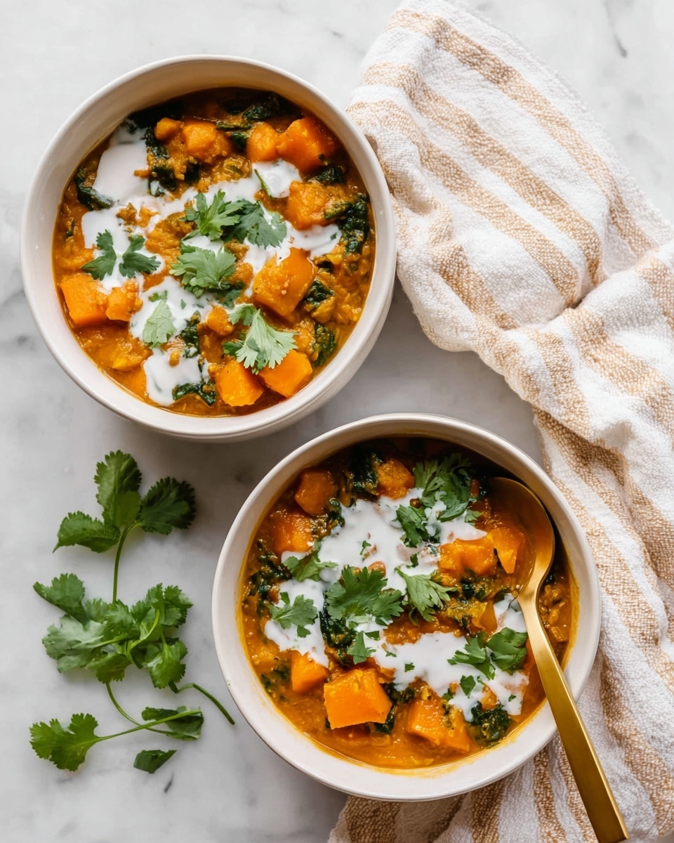 A white bowl filled with a thick orange stew containing soft chunks of sweet potato and small green spinach leaves mixed in, topped with a swirl of creamy white coconut milk and a few fresh green cilantro leaves scattered on top. A gold spoon is partially submerged on the right side, stirring the creamy coconut milk slightly into the stew. The bowl sits on a white marbled surface with a soft striped cloth nearby and some loose cilantro leaves scattered around. Photo taken with an iphone --ar 4:5 --v 7