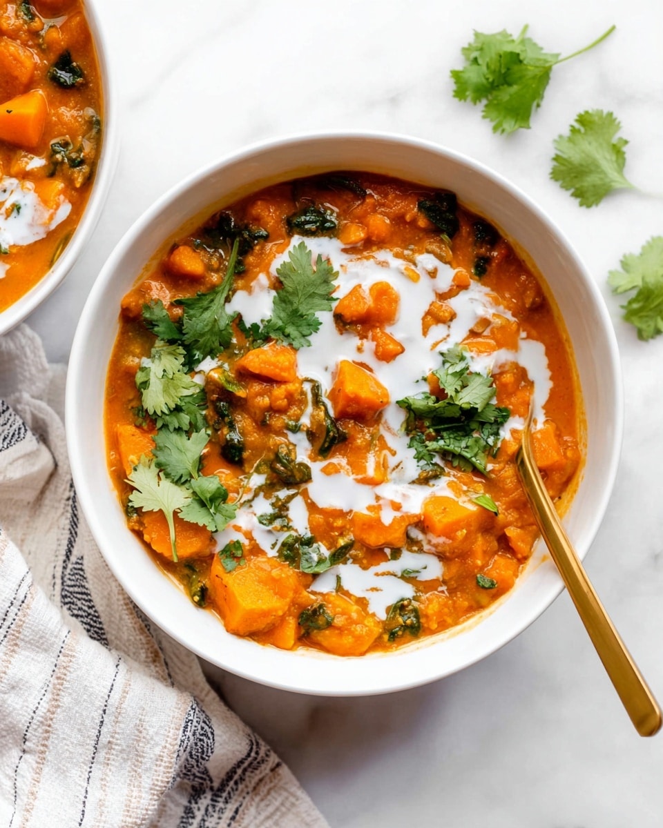 Two white bowls filled with a thick orange stew that has chunks of soft orange squash and green leafy herbs mixed in. Each bowl has a layer of white creamy sauce drizzled on top, decorated with fresh green cilantro leaves. One bowl has a shiny gold spoon resting inside. The bowls are set on a white marbled surface with a light beige and white striped cloth casually placed beside them, and some scattered cilantro leaves nearby. photo taken with an iphone --ar 4:5 --v 7