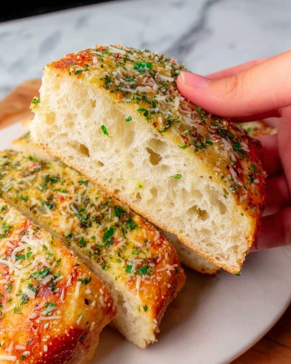 The image shows a close-up of a thick, soft bread slice being held by a woman's hand over a white plate with other slices of the same bread. The bread has three visible layers: the top layer is golden brown and crispy with a textured mix of green herbs and white shredded cheese scattered evenly across the surface. The middle layer is a pale, fluffy, and porous inside showing the bread’s soft texture, with small air holes throughout. The bottom layer is a slightly darker, firm crust supporting the bread. The white plate sits on a white marbled surface. Photo taken with an iphone --ar 4:5 --v 7