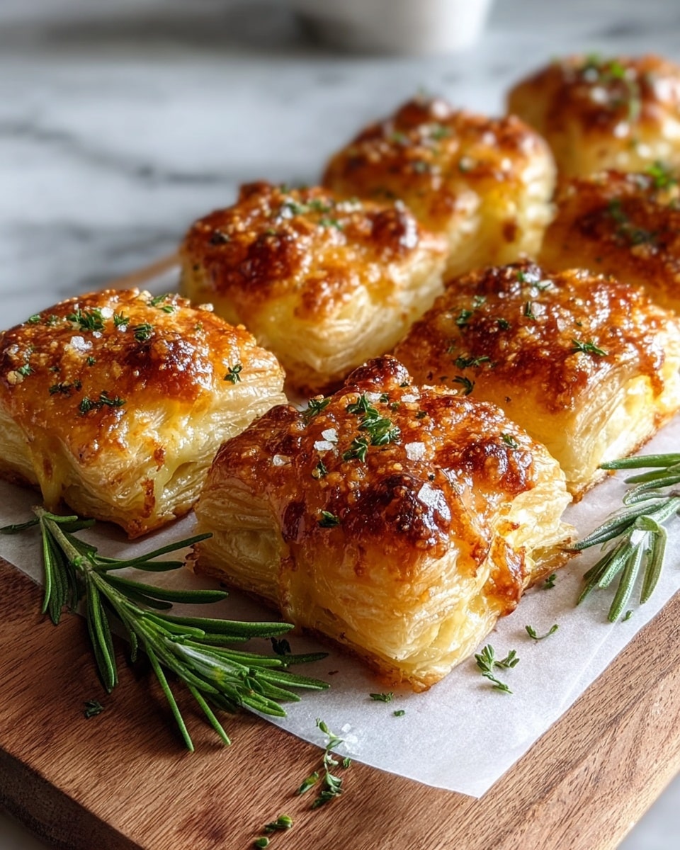 The image shows nine golden-brown puff pastry squares with a shiny, crispy top crust that is speckled with melted cheese and bits of herbs. Each square has visible multiple flaky layers, with the edges slightly puffed up and the insides soft and buttery. The pastries are sprinkled with coarse salt and finely chopped green herbs on top, resting on white parchment paper laid over a wooden board. Fresh green rosemary sprigs are arranged underneath the pastries on the board. The background is softly blurred with a warm indoor light, and the surface under the board is a white marbled texture. Photo taken with an iphone --ar 4:5 --v 7