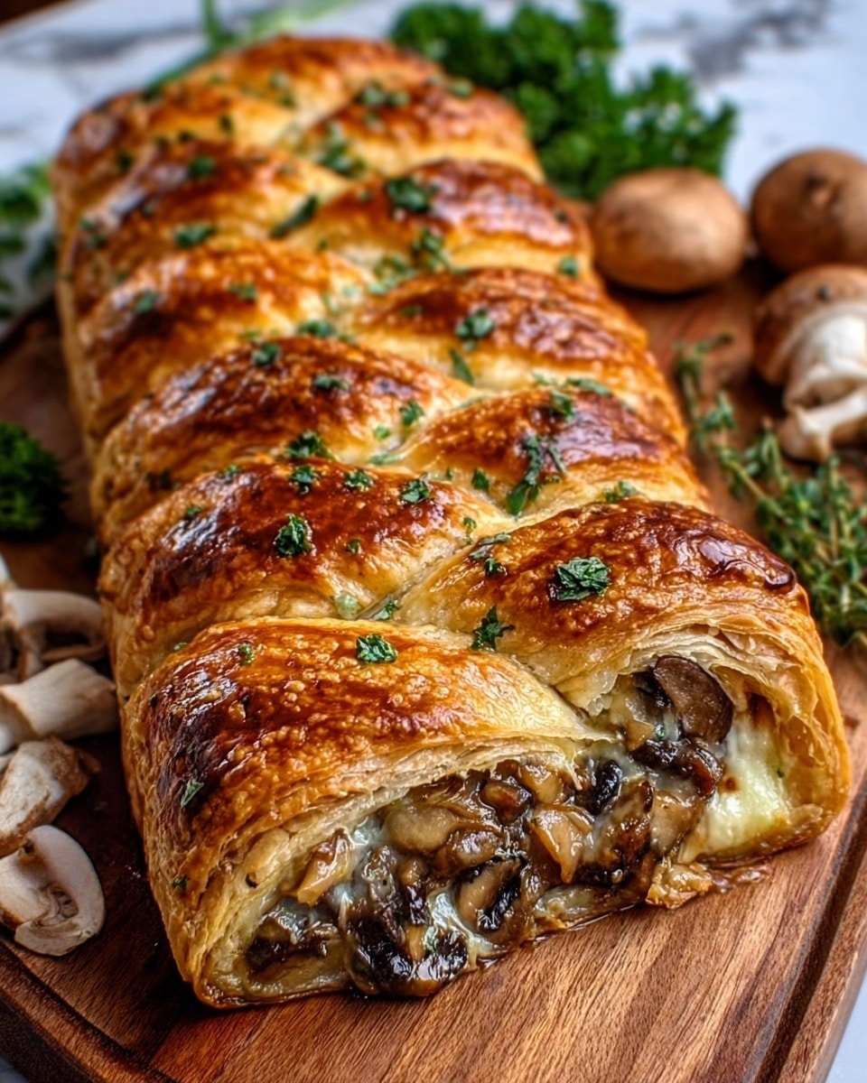 The image shows a golden-brown pastry roll cut to reveal its inside. The pastry has many thin, flaky layers on the outside with a light, crispy texture. Inside, there are several pieces of dark brown mushrooms mixed with melted white cheese that looks creamy and soft. Small green herb leaves sit on top of the pastry for decoration. The roll is placed on a wooden board with a white marbled texture background. Photo taken with an iphone --ar 4:5 --v 7