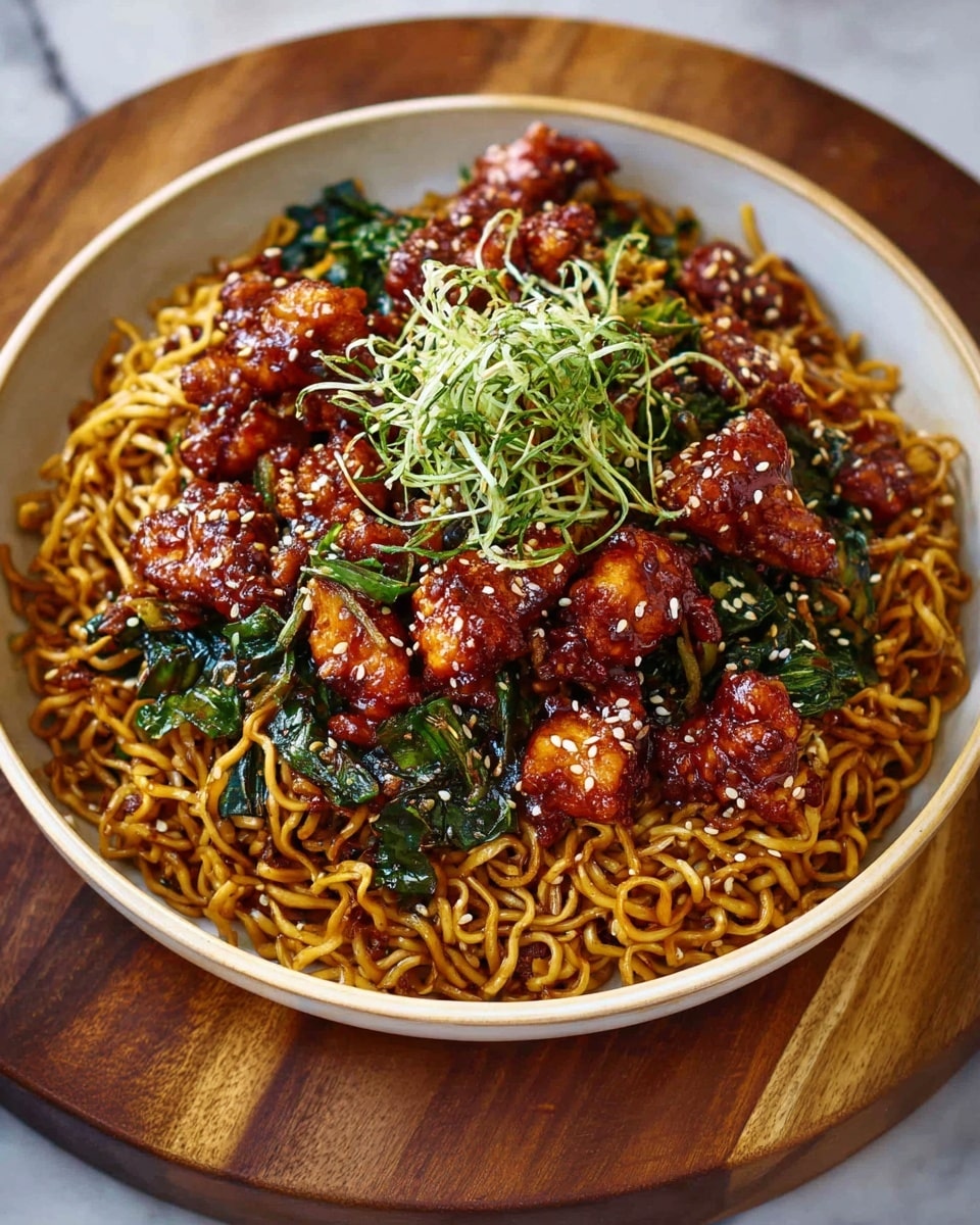 A large mound of stir-fried yellow noodles forms the base layer on a white bowl with a subtle blue rim, topped with glistening pieces of dark brown glazed meat, scattered with small green leafy herbs and sesame seeds, creating a textured and colorful top layer. The noodles have a shiny, oily surface, while the meat pieces look glossy and slightly sticky, garnished with slender green herb sprigs. The bowl sits on a wooden board over a white marbled surface, with a soft, blurred background. photo taken with an iphone --ar 4:5 --v 7