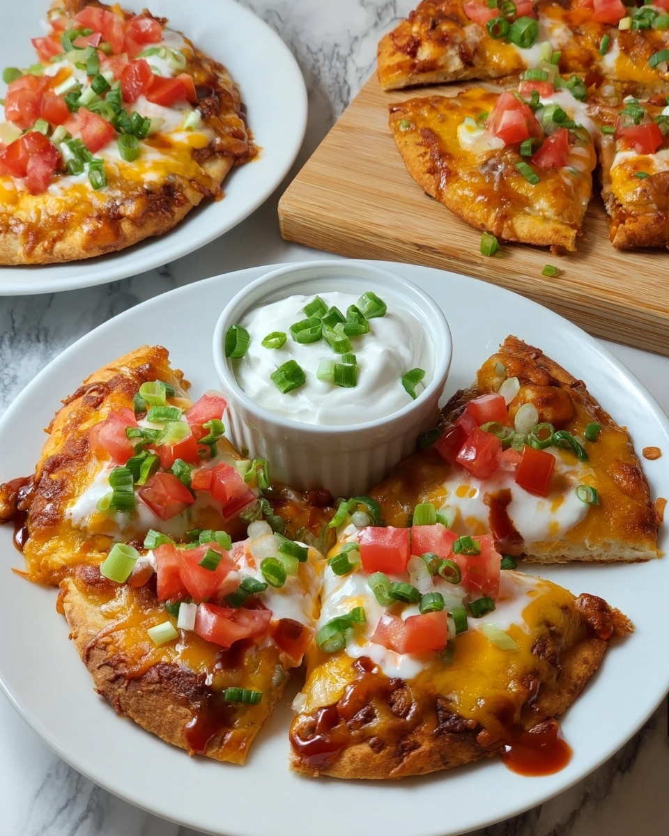 The image shows small round flatbreads topped with melted cheese, diced red tomatoes, and chopped green onions on three white plates. On the large white plate in the front, there are four triangular pizza slices arranged in a circle around a white ramekin filled with white sour cream, garnished with green onions. The flatbread crusts are golden brown with melted yellow and white cheese visibly melted on top, along with scattered pieces of red tomato and green onion. Some slices have a drizzle of brown sauce. The background is a white marbled countertop with a wooden board holding more slices. Photo taken with an iphone --ar 4:5 --v 7