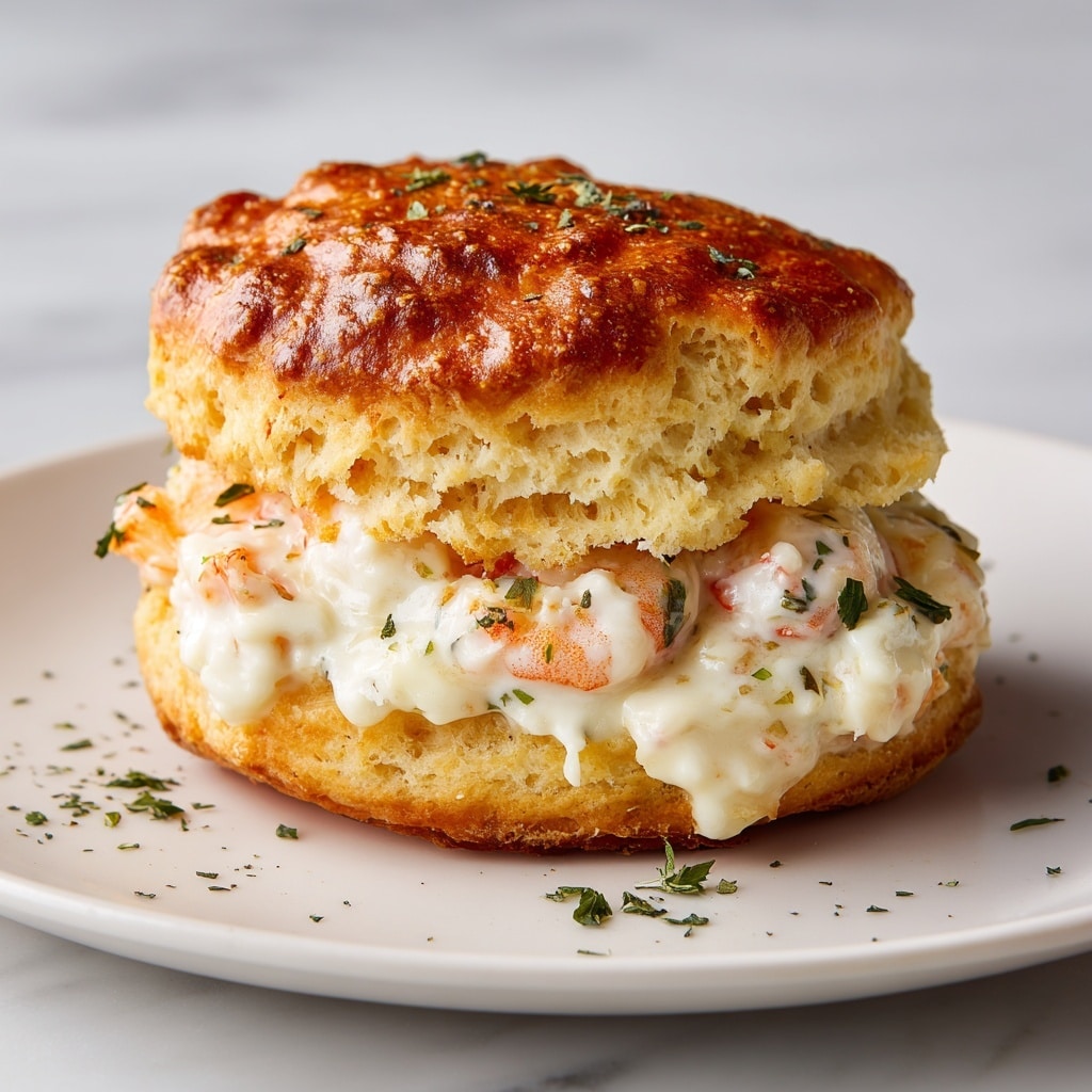 A close-up view of a two-layer sandwich on a white plate, each layer consisting of a golden-brown, glossy square biscuit with visible flaky texture and sprinkled chopped herbs on top. Between the biscuit layers are creamy white melted cheese and small pink shrimp, some cheese slightly melting and dripping out. The sandwich is garnished with green herbs scattered on the plate and around the sandwich, all placed on a white marbled surface. photo taken with an iphone --ar 4:5 --v 7