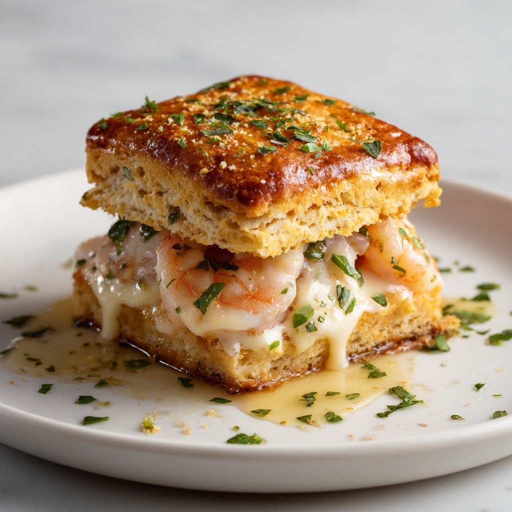 A tall biscuit sandwich stands on a white plate with a white marbled surface, showing three main layers. The bottom layer is a golden-brown biscuit with a soft, fluffy texture. On top of it is a creamy, melted white cheese mix with small shrimp scattered inside, their pink color visible through the cheese. The top layer is another golden-brown biscuit, slightly shiny with a soft, crumbly texture and sprinkled with small green herb pieces. Some herbs are also scattered on the plate near the sandwich. Photo taken with an iphone --ar 4:5 --v 7