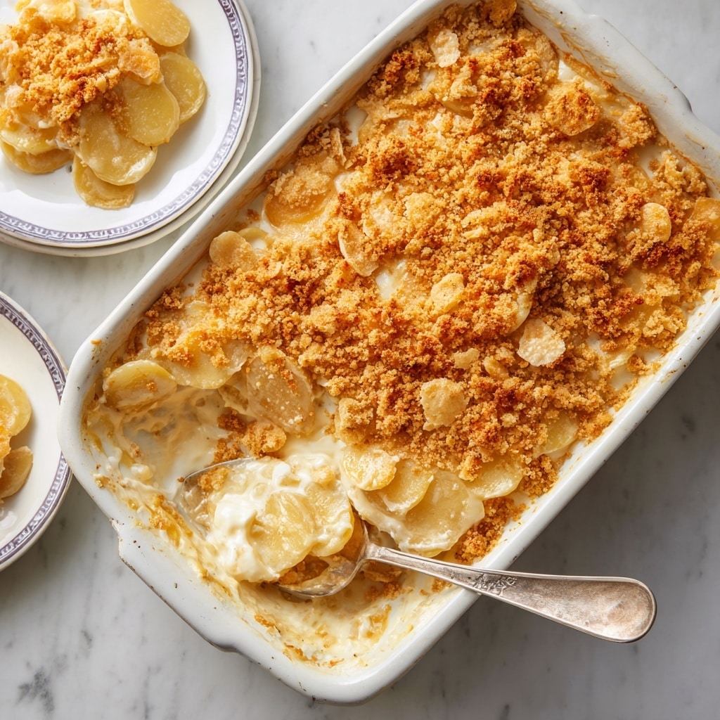 A white rectangular dish holds a layered creamy casserole with a golden brown, crumbly cracker crust on top, broken into irregular pieces. Beneath the crust is a soft, gooey mix of melted cheese and thin, pale yellow potato slices, with some of the creamy filling visible along the edges where portions have been scooped out. A silver spoon inside the dish is lifting a scoop of the warm, cheesy potato mixture, showing its rich and slightly chunky texture. Nearby, white plates with small servings of the casserole are placed on a white marbled surface, creating a cozy, homemade meal scene. Photo taken with an iphone --ar 4:5 --v 7